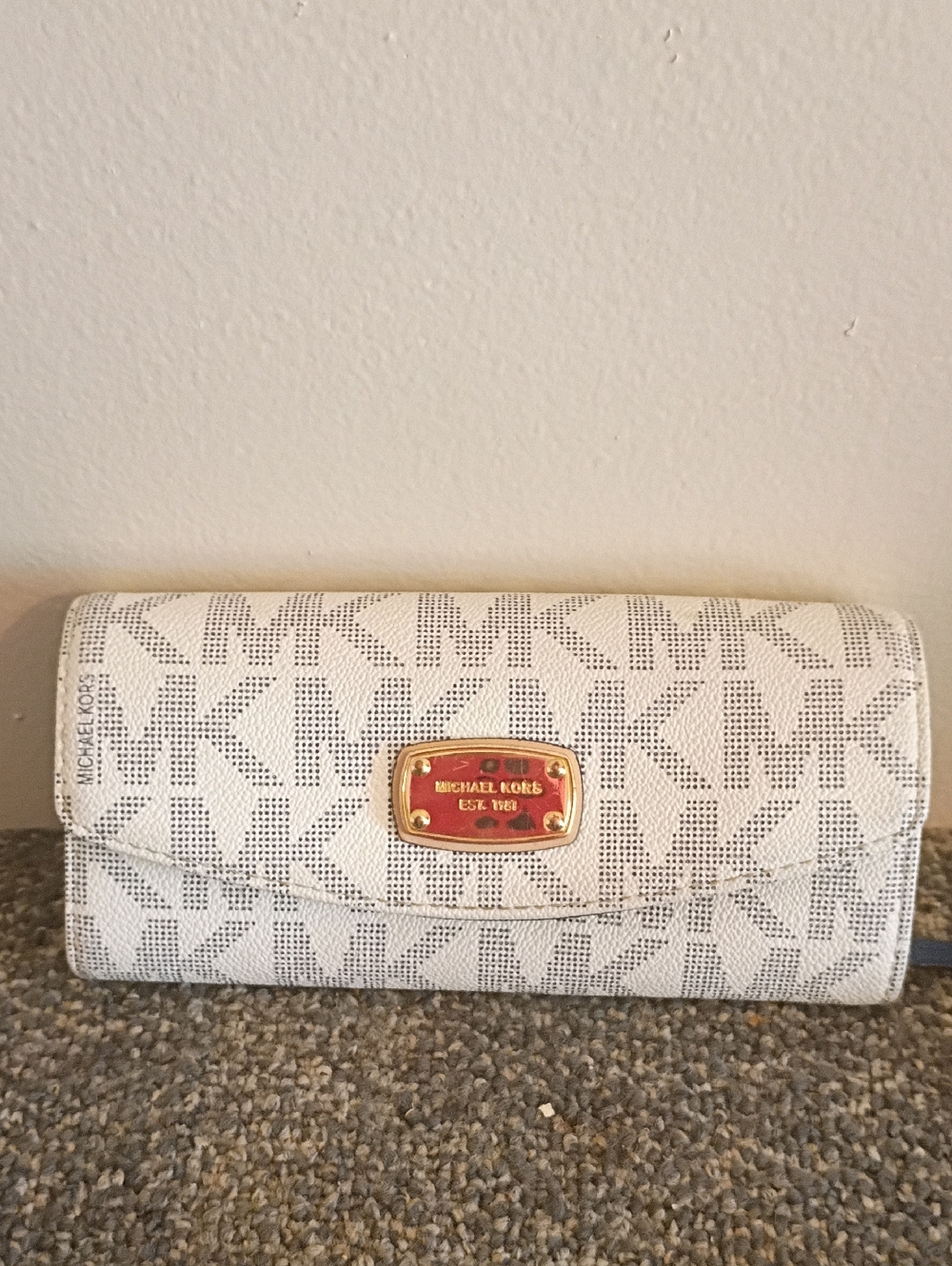 Michael Kors White And Blue Logo Slip Flap Wallet with Gold Plaque